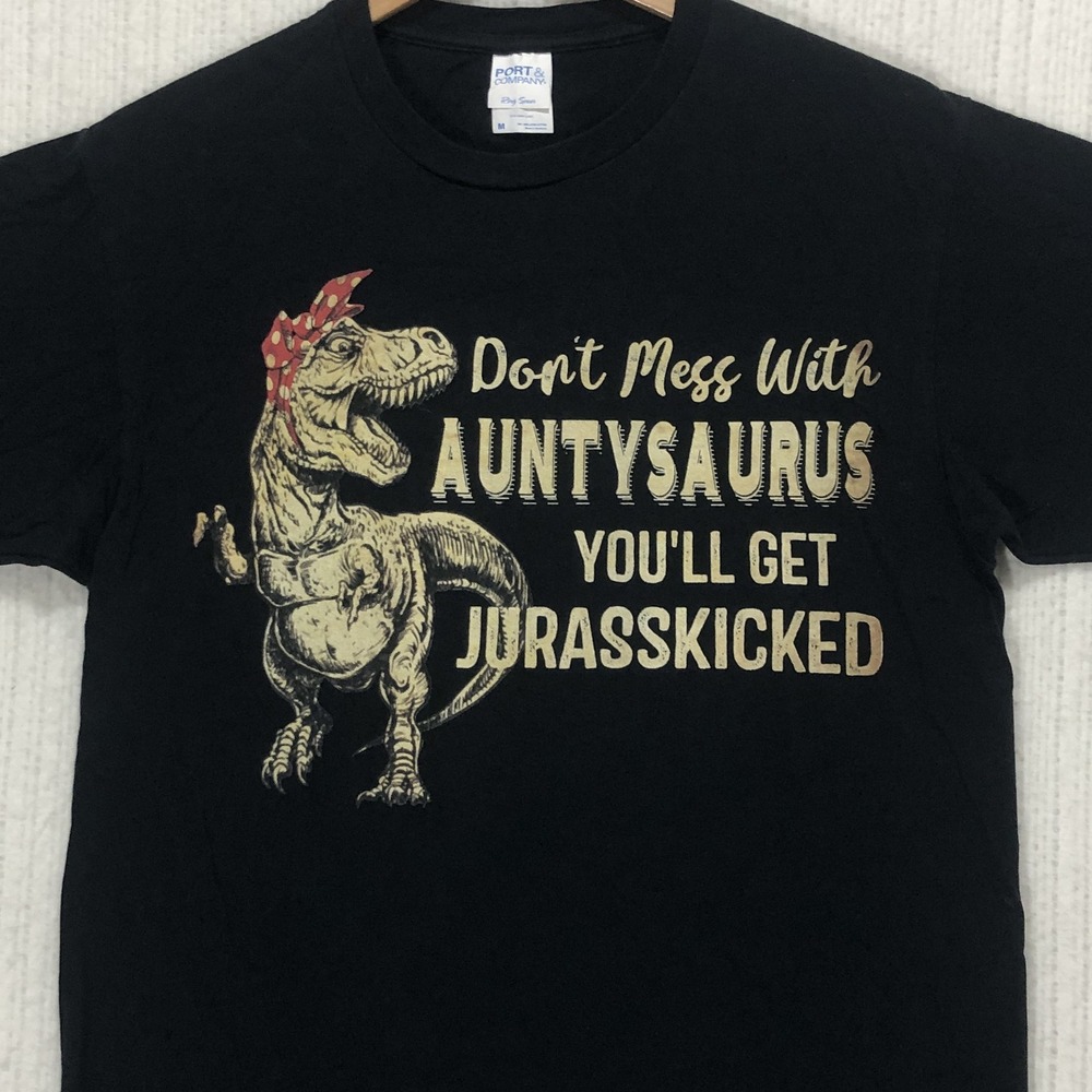 Port & Company Auntysaurus T-Rex Graphic T-Shirt Black Medium Humor Tee